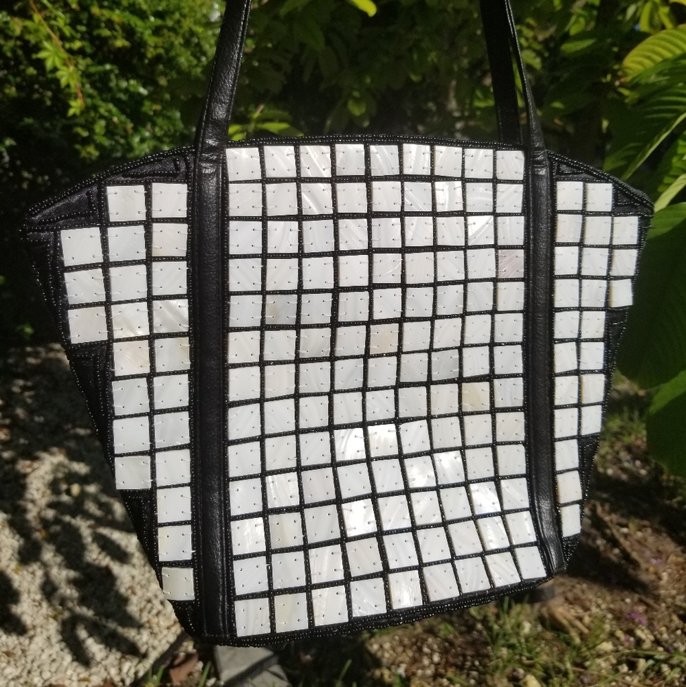 Mother of Pearl Embroidered Black Tote